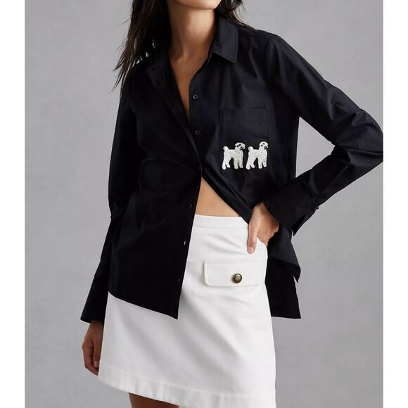 ANTHROPOLOGIE Maeve‎ Dog Embroidered Button Down Shirt XS - Picture 1 of 6